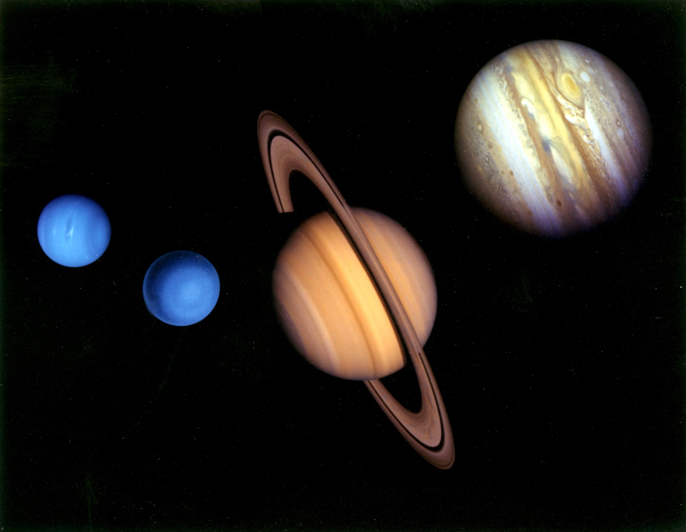 Voyager tour montage of Jupiter, Saturn, Uranus, and Neptune. NASA/JPL.