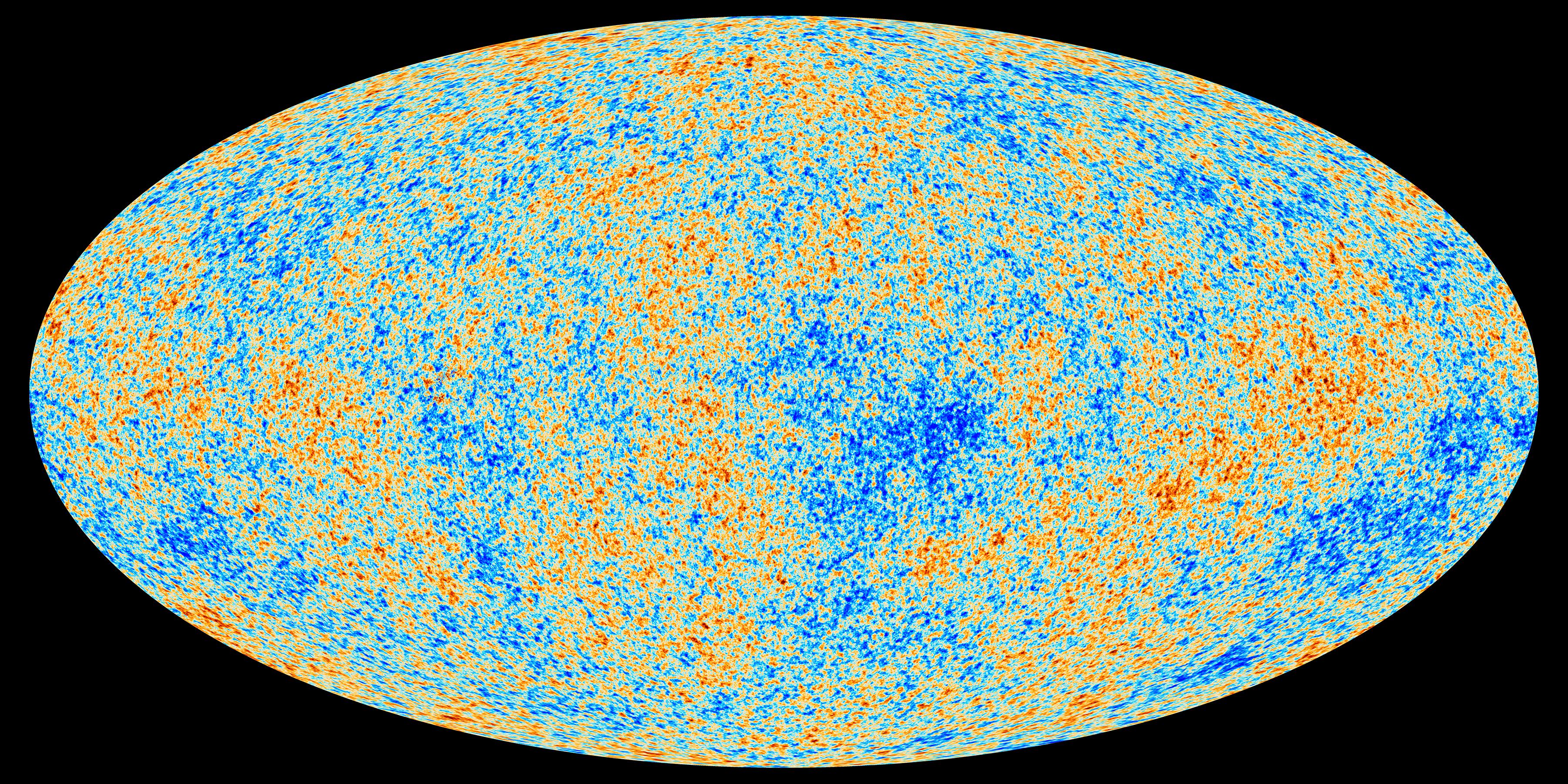 The all-sky map of the cosmic microwave background from ESA's Planck mission, showing tiny temperature fluctuations across the whole sky