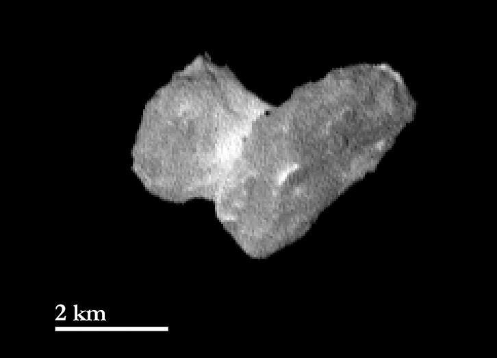 The dark, double-lobed nucleus of comet 67P Churyumov-Gerasimenko photographed by the Rosetta spacecraft