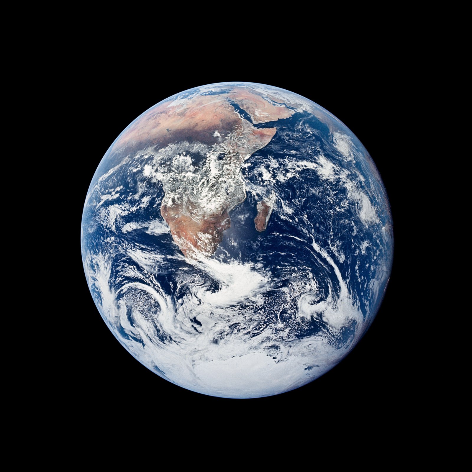 The 'Blue Marble' — Earth photographed by the crew of Apollo 17, showing Africa, Antarctica and swirling clouds