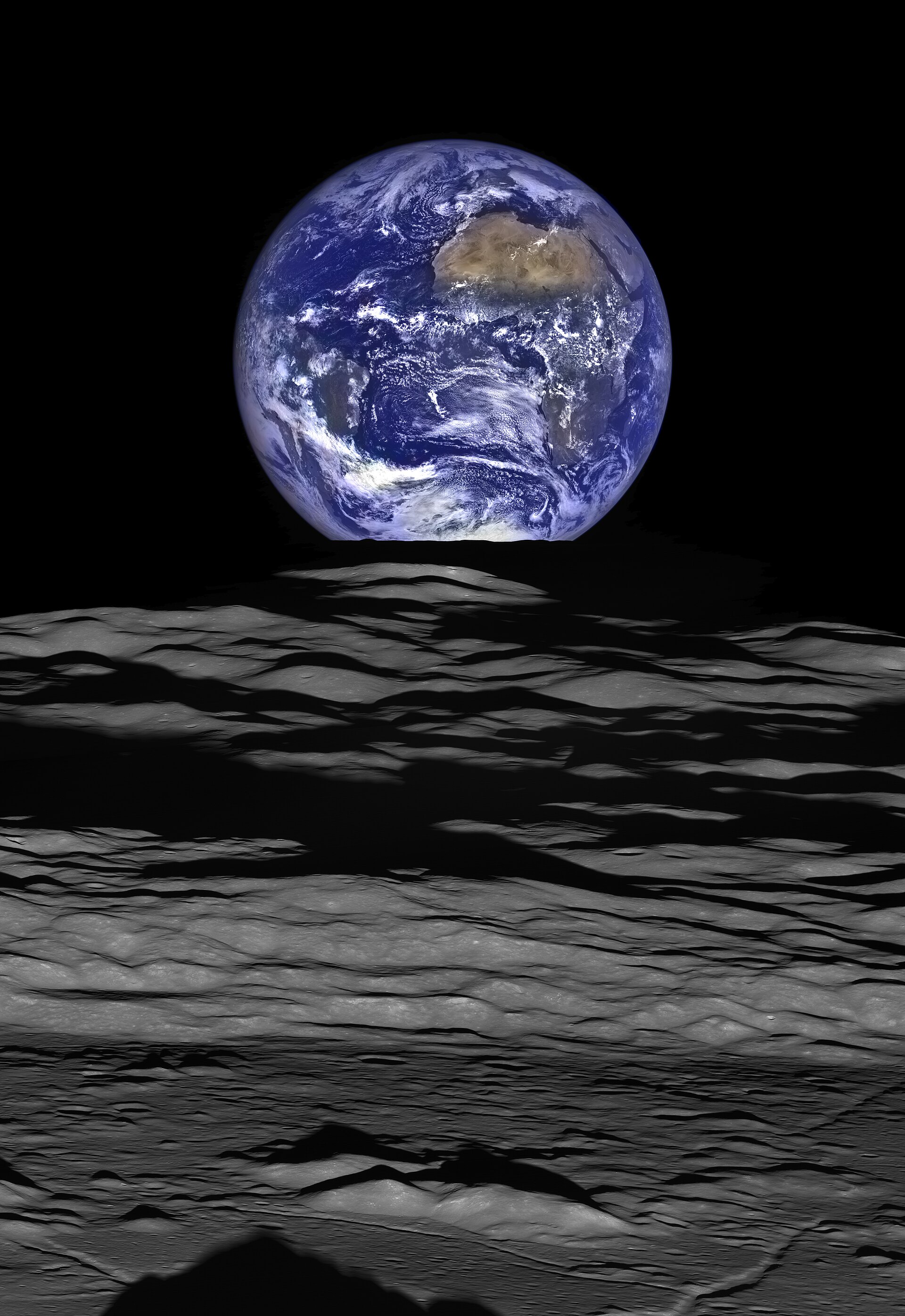 NASA Lunar Reconnaissance Orbiter composite image of Earth rising over the lunar limb, 2015.