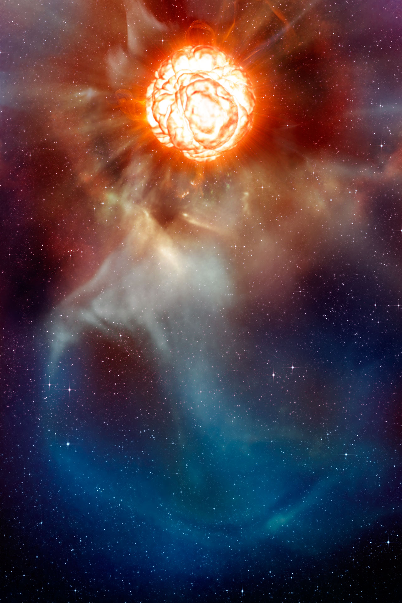 Artist's impression of Betelgeuse with massive plume of gas relative to our Solar System