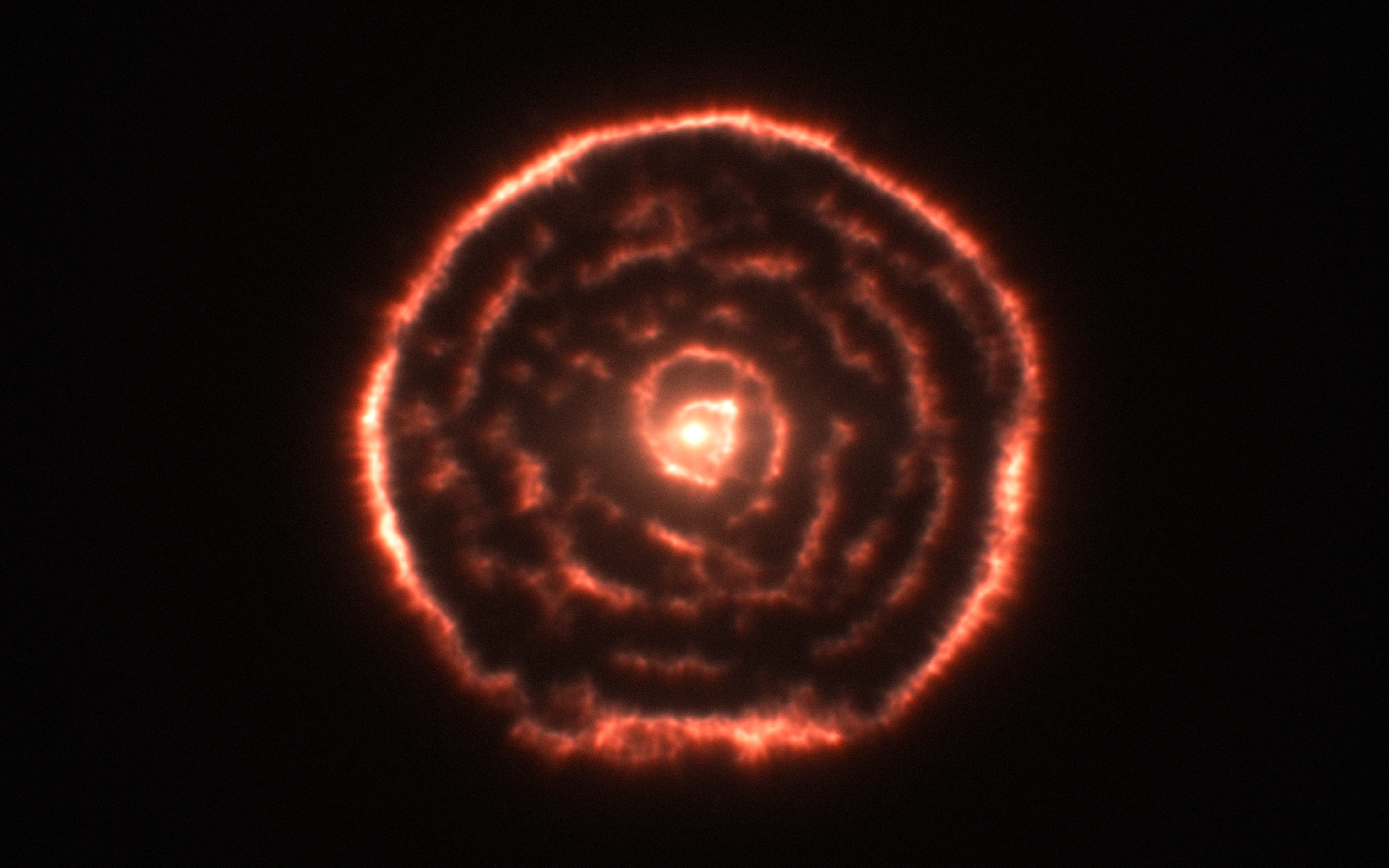 Shells of gas spiralling away from the aging red giant star R Sculptoris, seen by ALMA