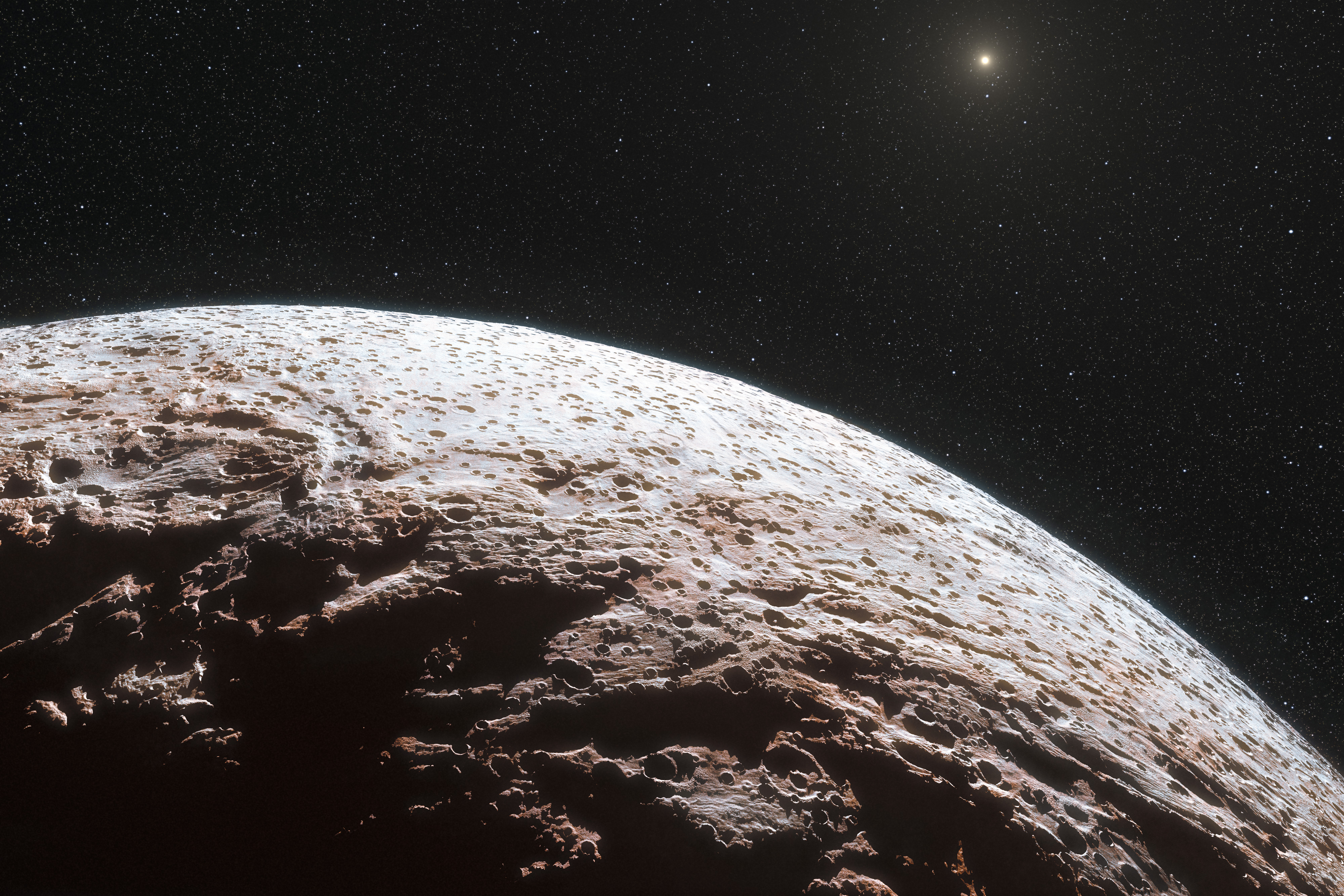 Artist's impression of the frozen, reddish surface of the dwarf planet Makemake under a distant Sun