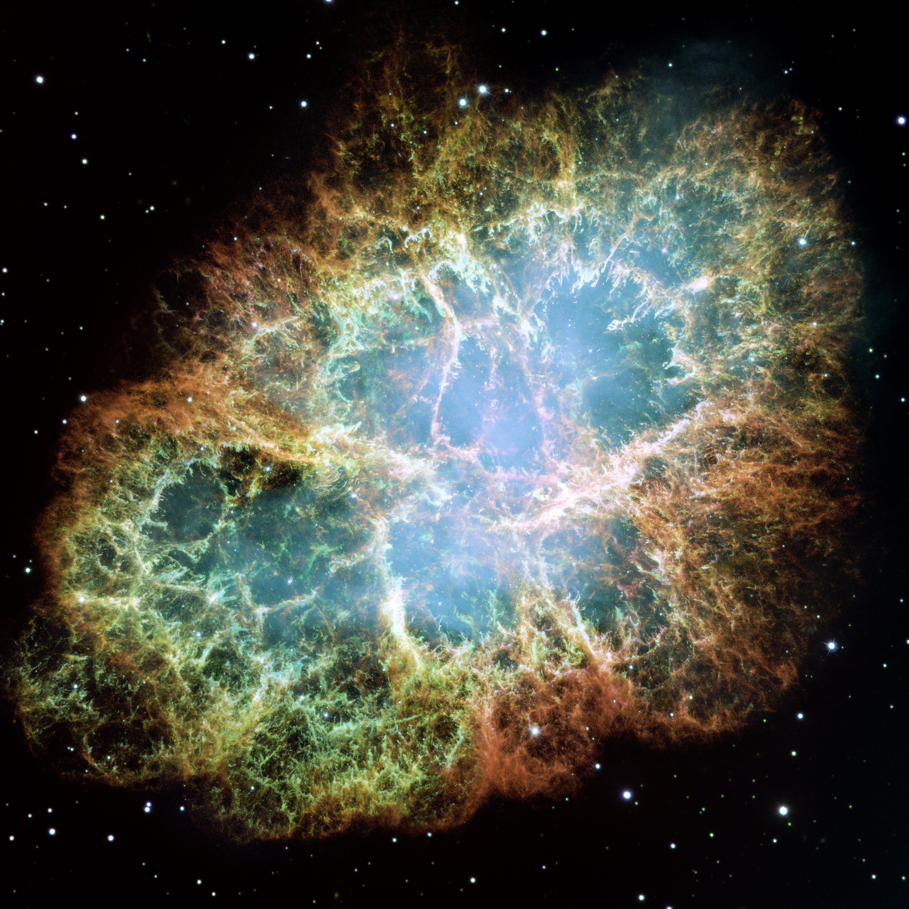 The Crab Nebula, the tattered remains of a supernova witnessed from Earth in the year 1054