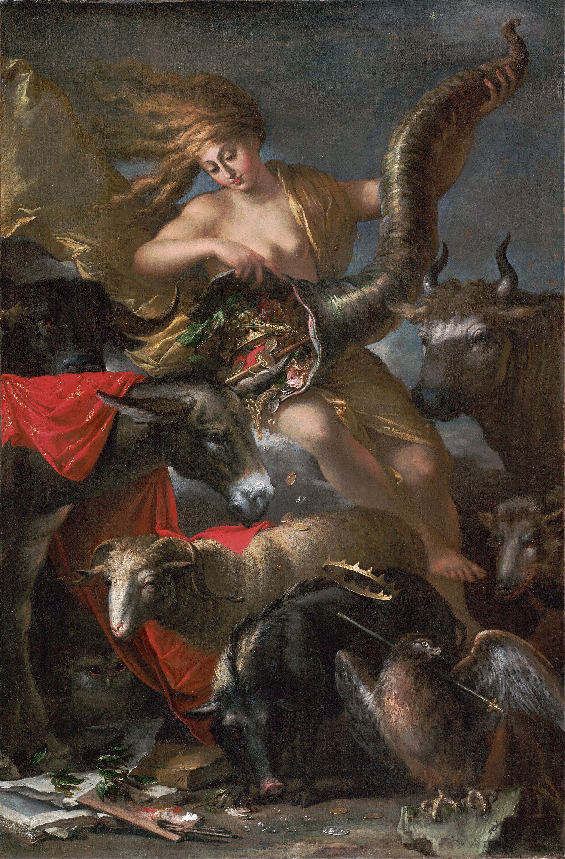 Fortuna with her wheel and cornucopia