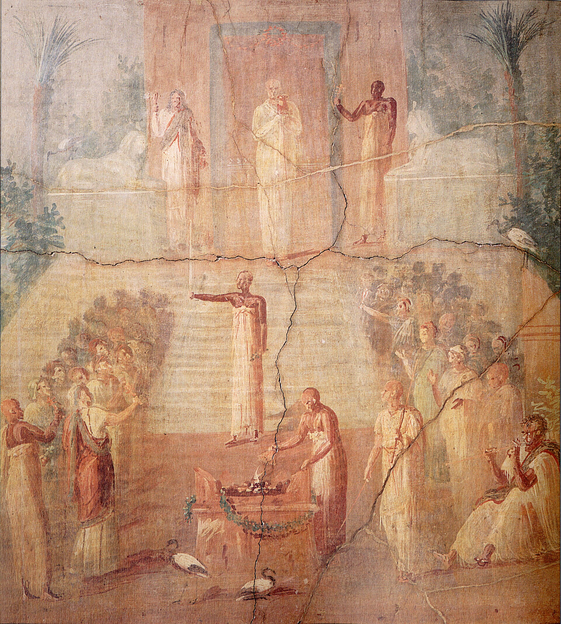 Priests of Isis performing the water ceremony before devotees, Roman fresco
