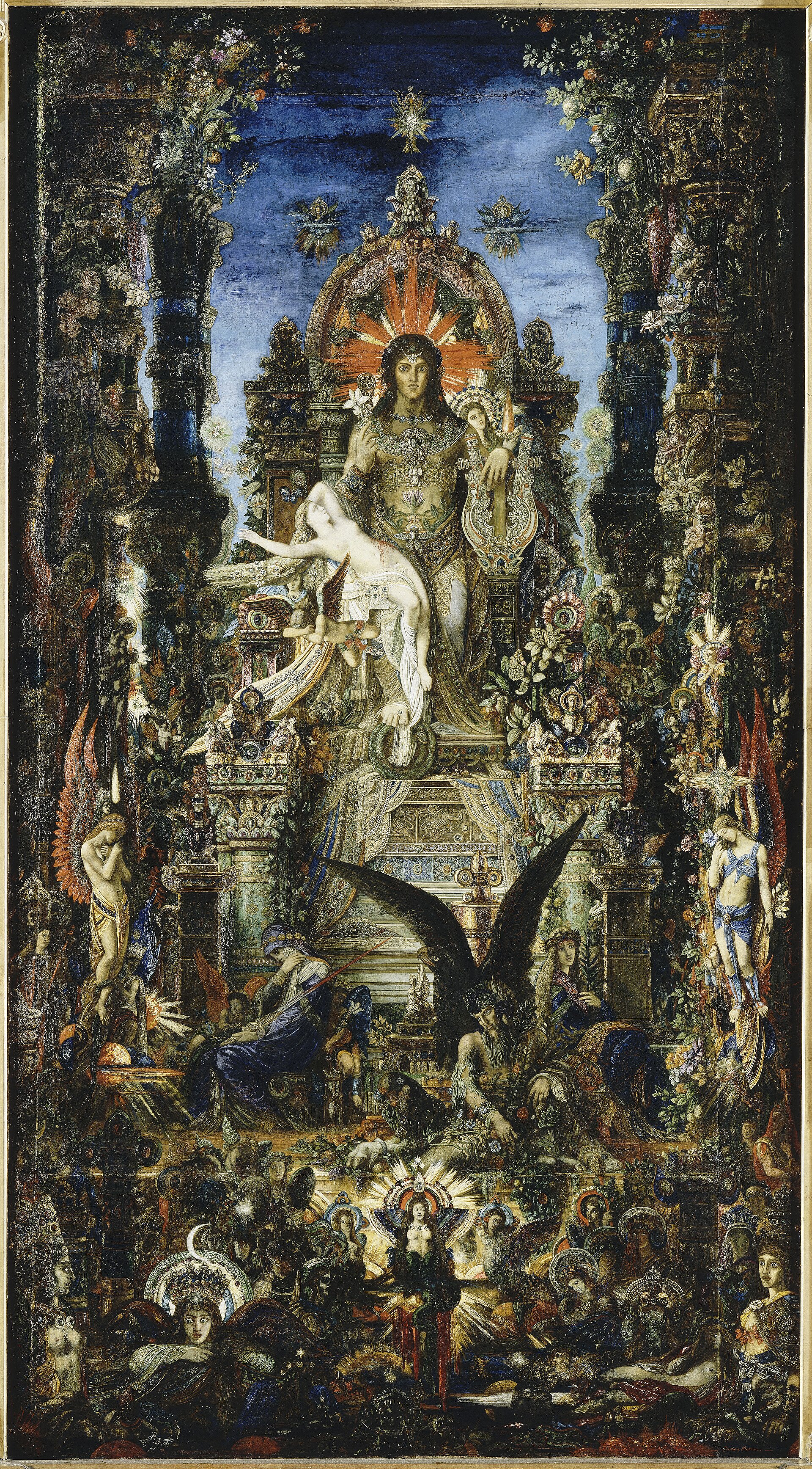 Jupiter enthroned in jewelled glory with the dying Semele across his lap