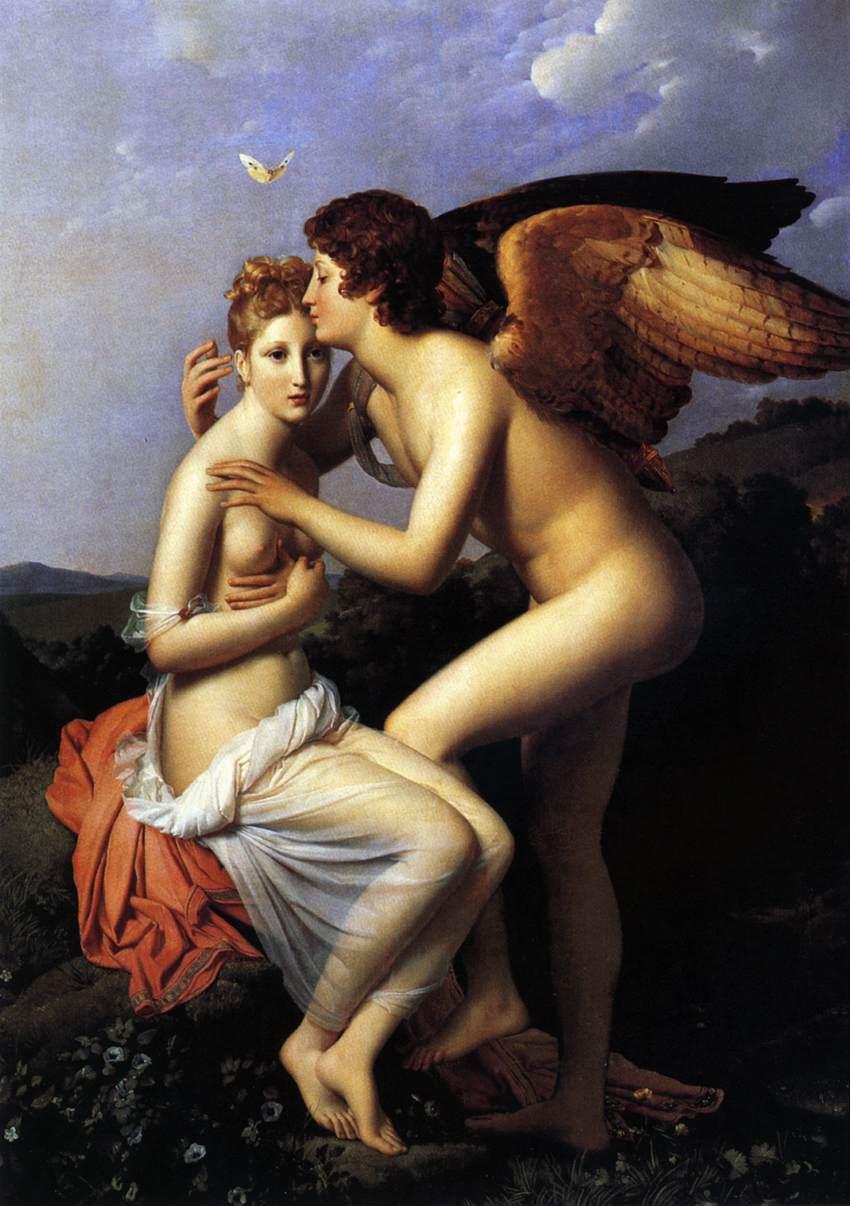 The winged Cupid giving Psyche her first kiss