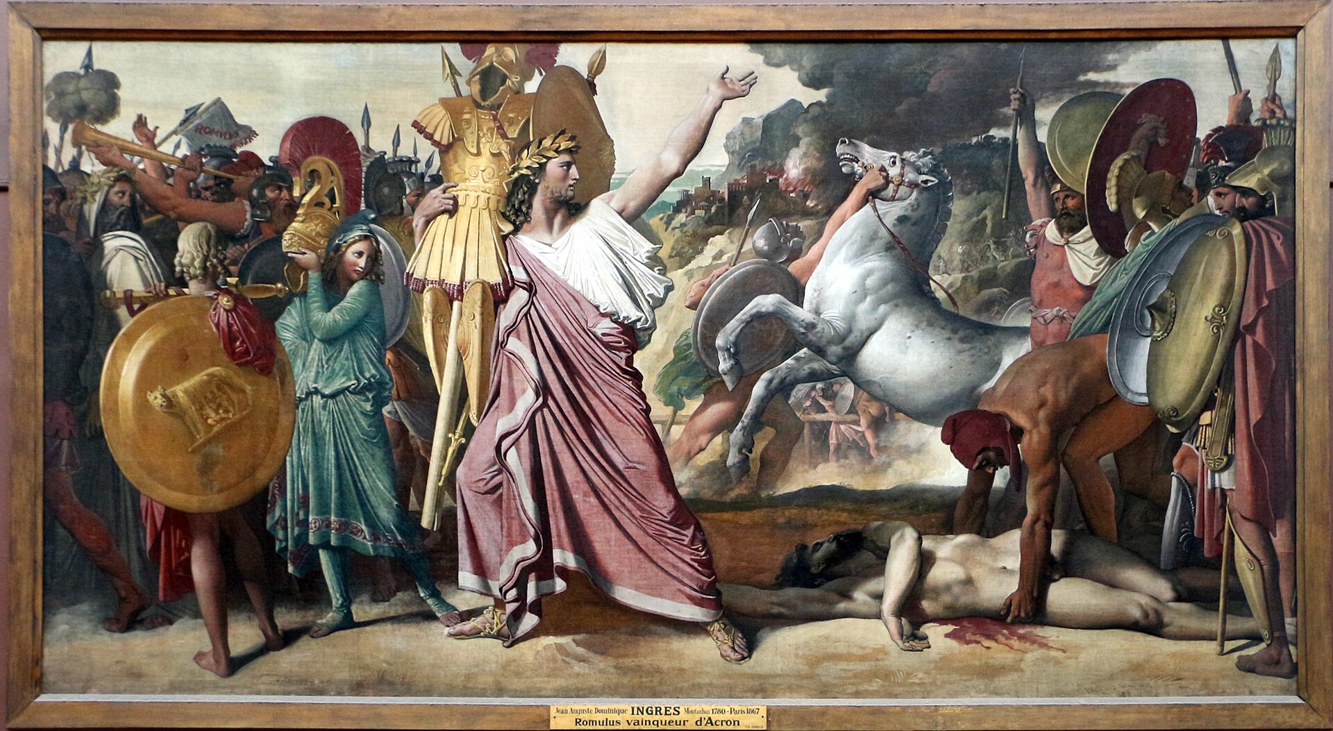 Romulus raising the spoils of King Acron in triumph