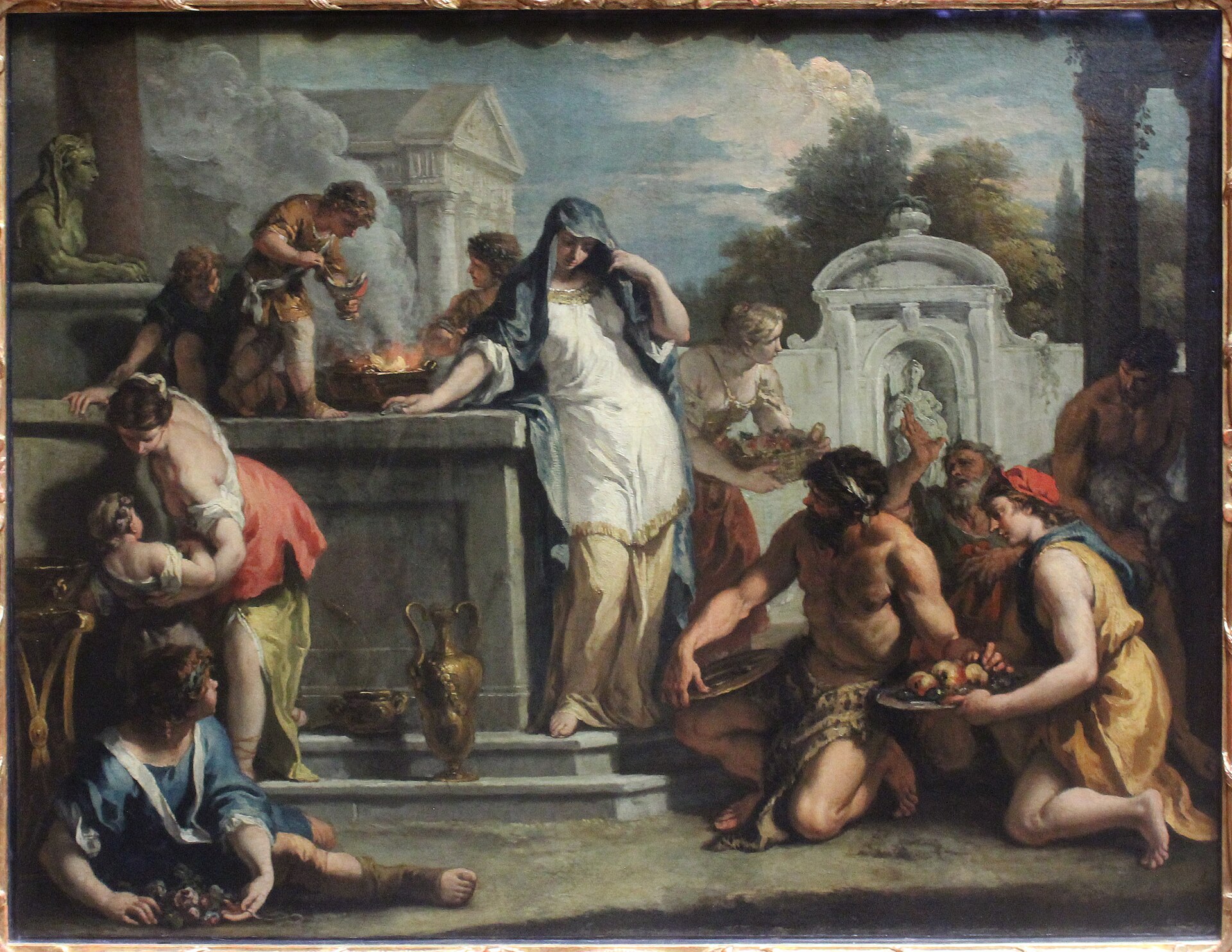 Vestals making offering at the flaming altar of Vesta