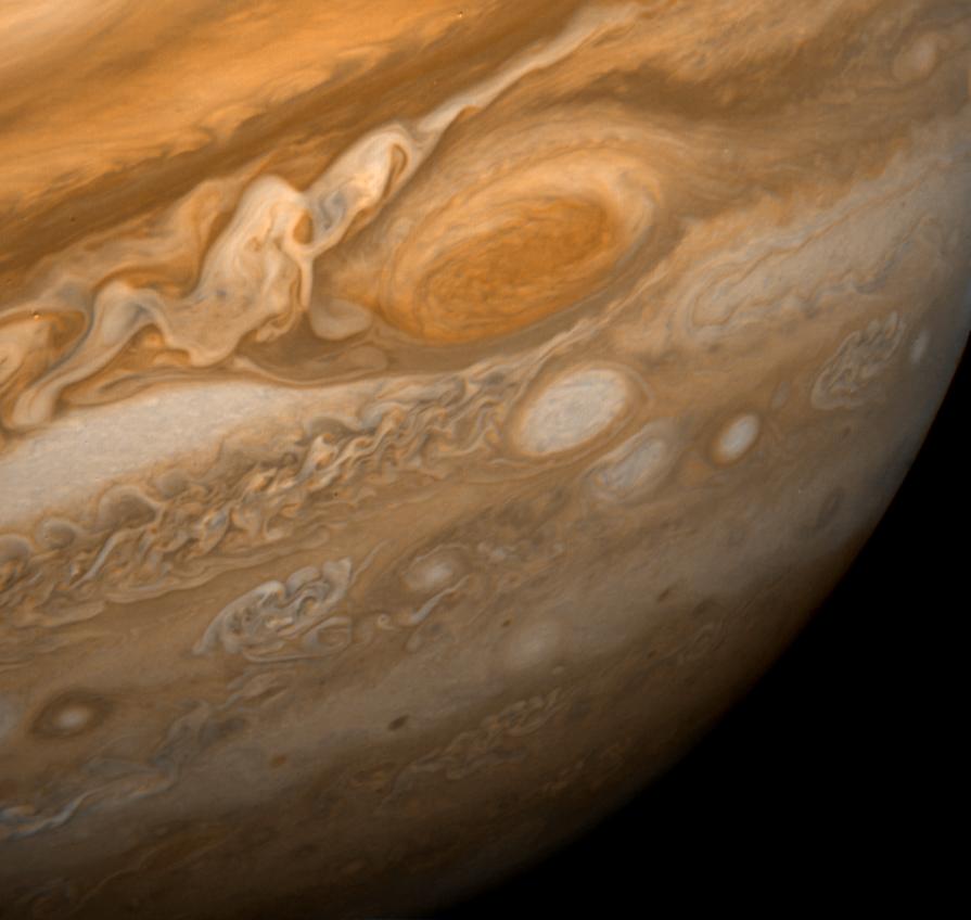 Voyager 1 close-up of Jupiter's Great Red Spot, a storm larger than Earth. NASA/JPL.